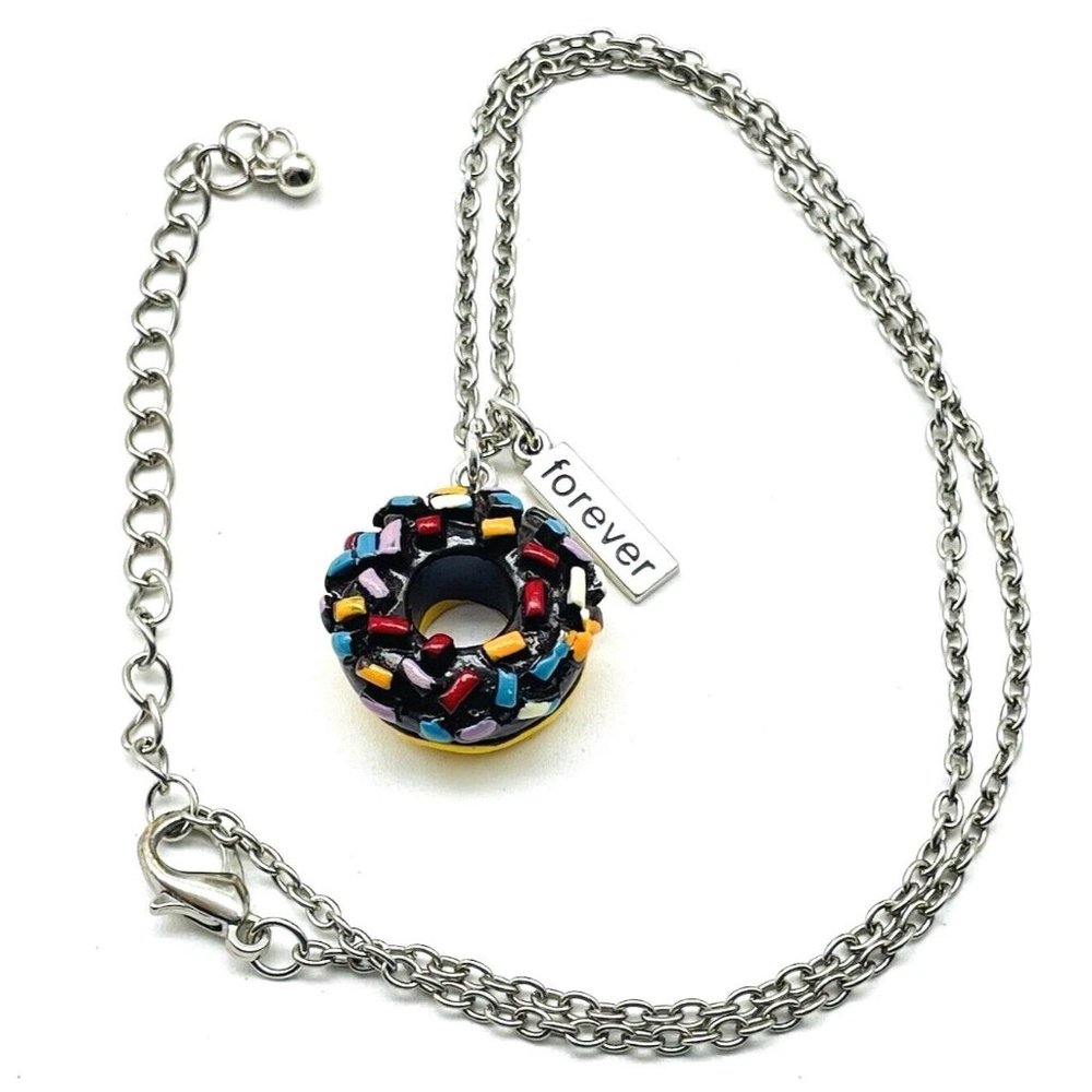 Chocolate Glazed Donut Charm Necklace Silver Tone Multicolor Sprinkles Forever